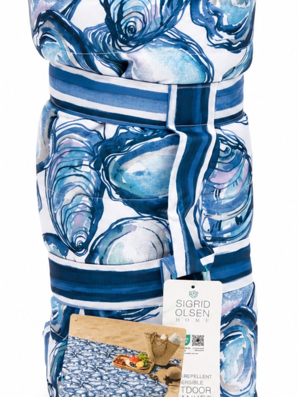 Sigrid Olsen Home Outdoor Blanket Oyster Print Blue Waterproof Reversible NWT